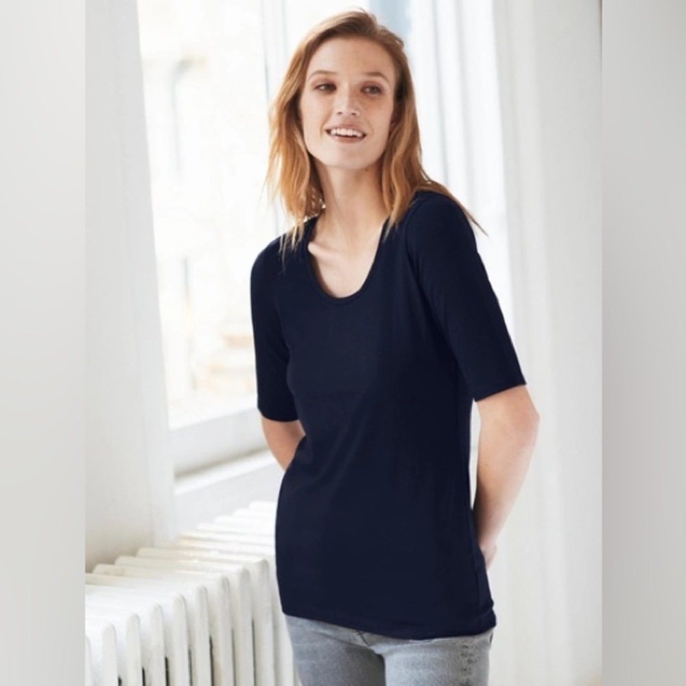 White + Warren Elbow Sleeve Scoop Neck Navy Cotton Modal Tee SzM